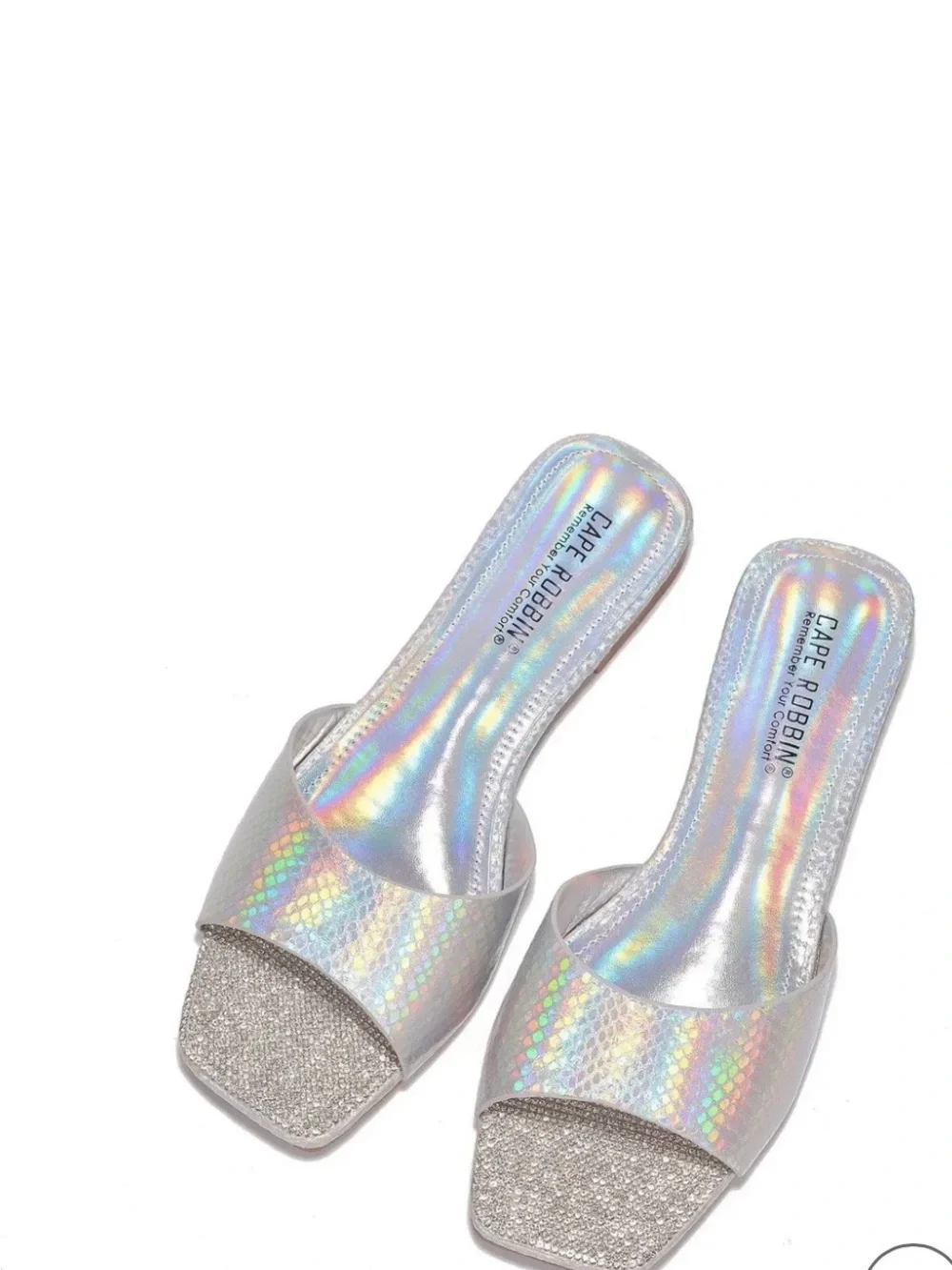Cape Robbin Iridescent Holographic Slide Sandals with Rhinestone Toe